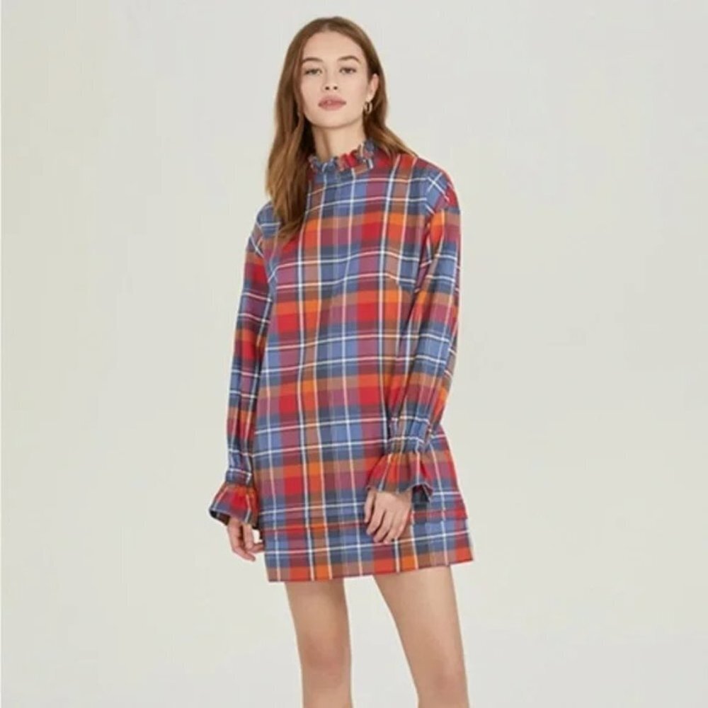 NWT Something Navy Mock Neck‎ Long Sleeve Plaid Mini Dress Multicolors Women XXS